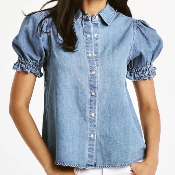 Blue B Collection 100% Cotton Denim Pearl Snap Puff Sleeve Shirt Size Large - Picture 1 of 14